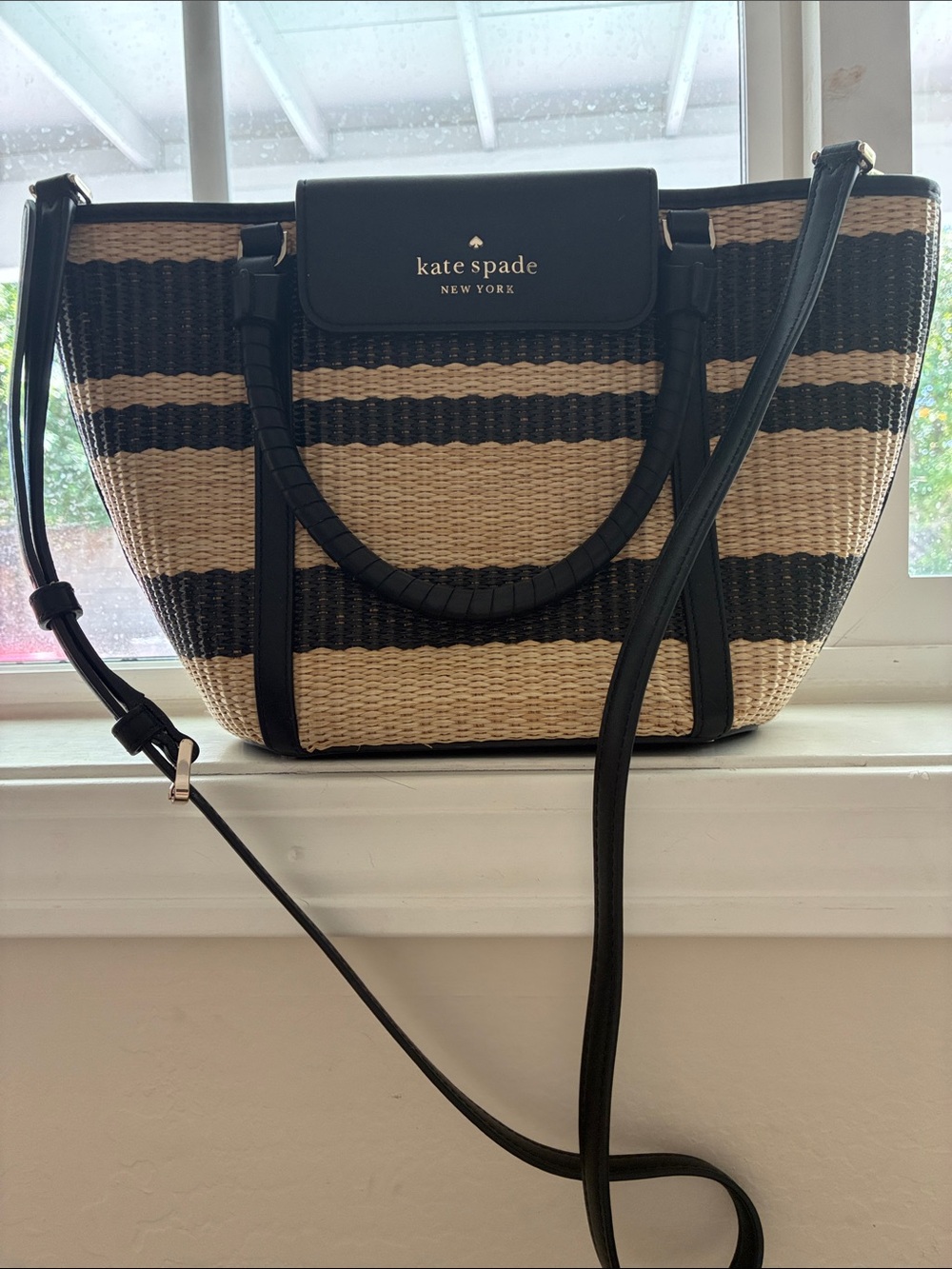 kate spade Black and Natural Striped Woven Tote
